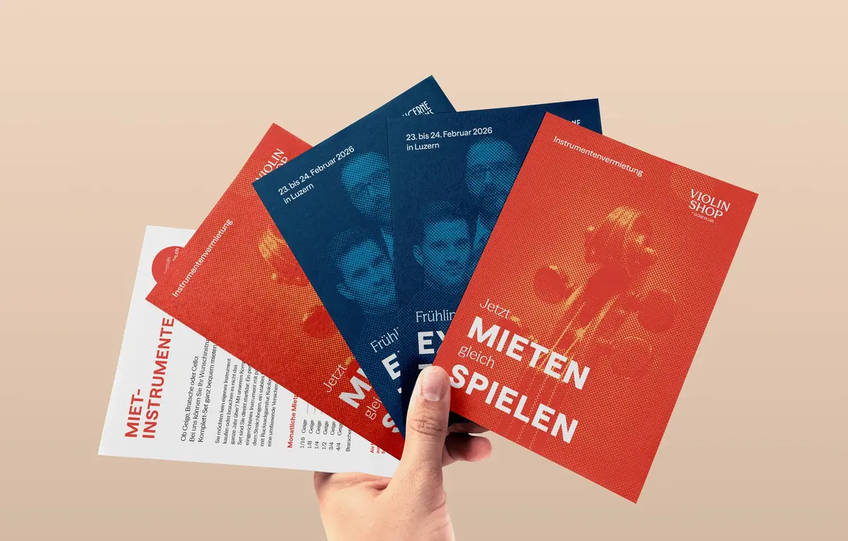 Ein frisches Postkarten-Konzept für Lucerne Violins.